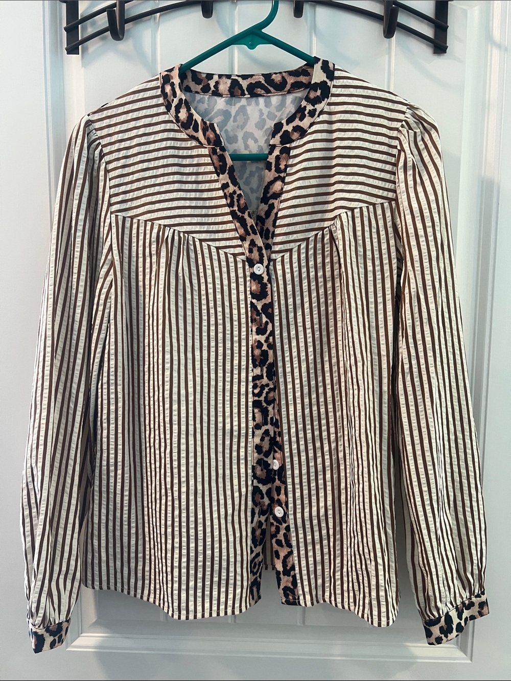Striped Button-Front Blouse with Leopard Trim - Brown/White